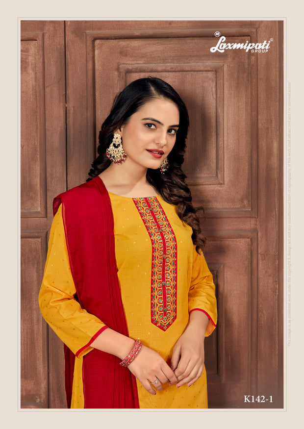 Laxmipati Muslin Marigold Hand Printed Straight Cut Kurti Pant With Dupatta