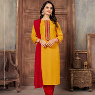 Laxmipati Muslin Marigold Hand Printed Straight Cut Kurti Pant With Dupatta