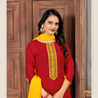 Laxmipati Muslin Red Hand Printed Straight Cut Kurti Pant With Dupatta
