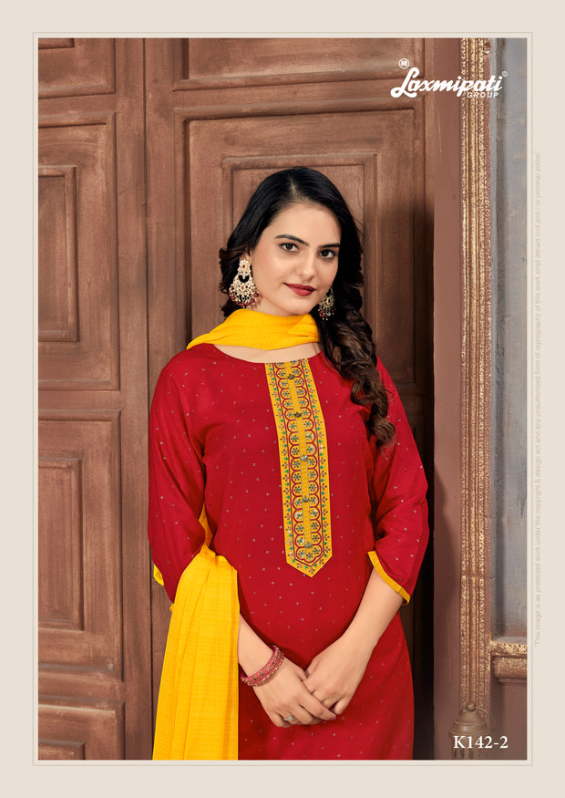 Laxmipati Muslin Red Hand Printed Straight Cut Kurti Pant With Dupatta