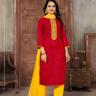 Laxmipati Muslin Red Hand Printed Straight Cut Kurti Pant With Dupatta