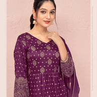 Laxmipati Viscose Dark Fuchsia Hand Printed Nyra Cut Kurti, Pant & Dupatta