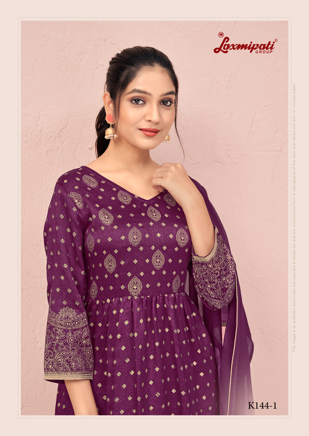 Laxmipati Viscose Dark Fuchsia Hand Printed Nyra Cut Kurti, Pant & Dupatta