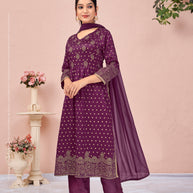 Laxmipati Viscose Dark Fuchsia Hand Printed Nyra Cut Kurti, Pant & Dupatta