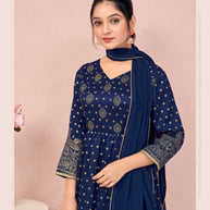 Laxmipati Viscose Indigo Hand Printed Nyra Cut Kurti, Pant & Dupatta