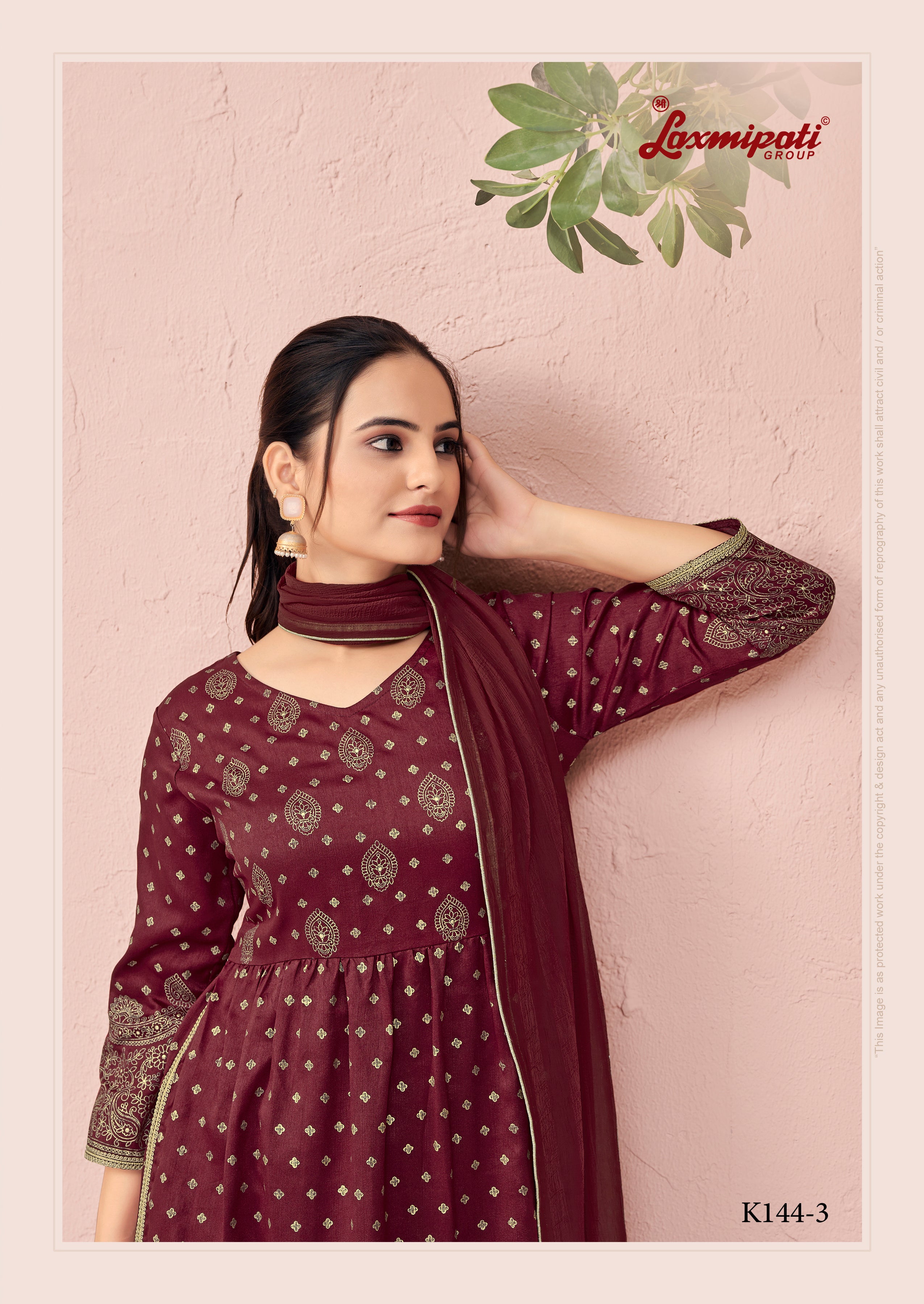 Laxmipati Viscose Dark Garnet Hand Printed Nyra Cut Kurti, Pant & Dupatta