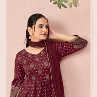 Laxmipati Viscose Dark Garnet Hand Printed Nyra Cut Kurti, Pant & Dupatta