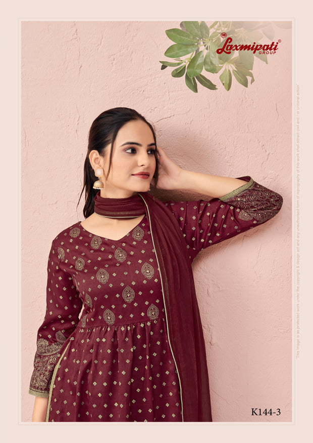 Laxmipati Viscose Dark Garnet Hand Printed Nyra Cut Kurti, Pant & Dupatta