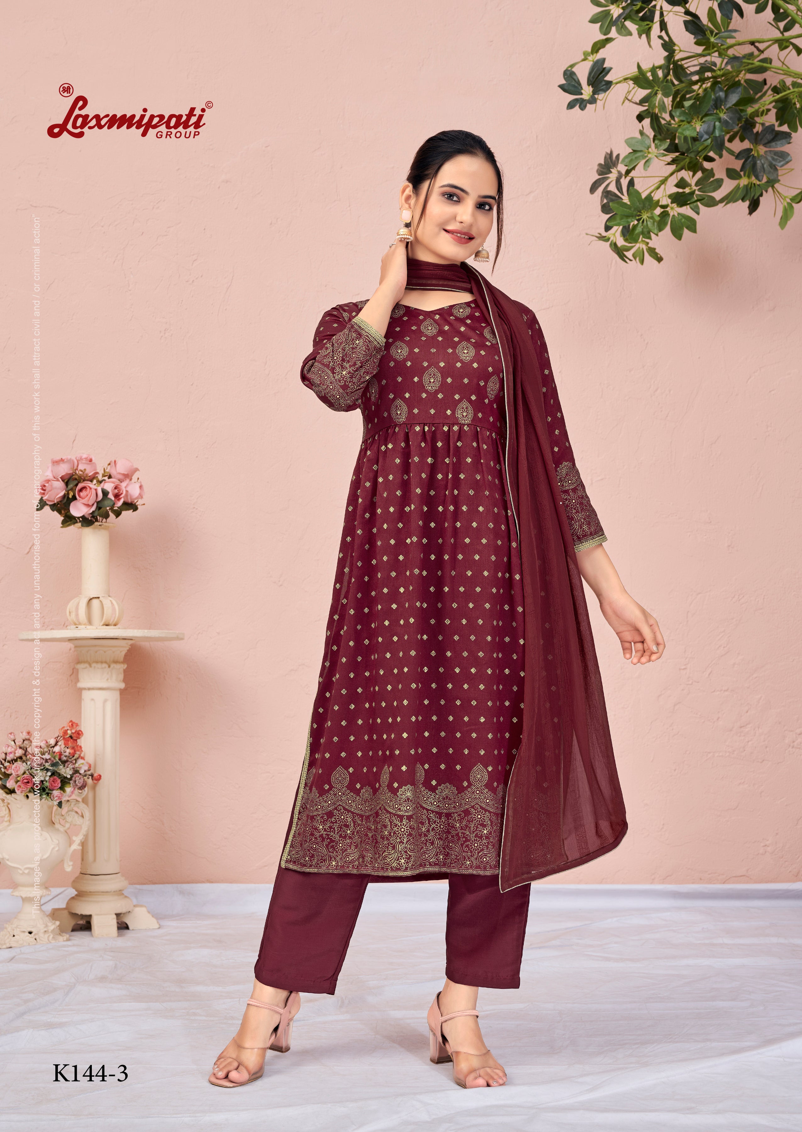 Laxmipati Viscose Dark Garnet Hand Printed Nyra Cut Kurti, Pant & Dupatta