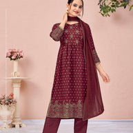 Laxmipati Viscose Dark Garnet Hand Printed Nyra Cut Kurti, Pant & Dupatta