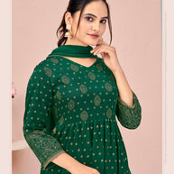 Laxmipati Viscose Jade Green Hand Printed Nyra Cut Kurti, Pant & Dupatta