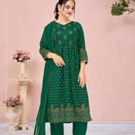 Laxmipati Viscose Jade Green Hand Printed Nyra Cut Kurti, Pant & Dupatta