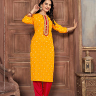 Laxmipati Spun Base Bright Yellow Embroidered Straight Cut Kurti With Pant