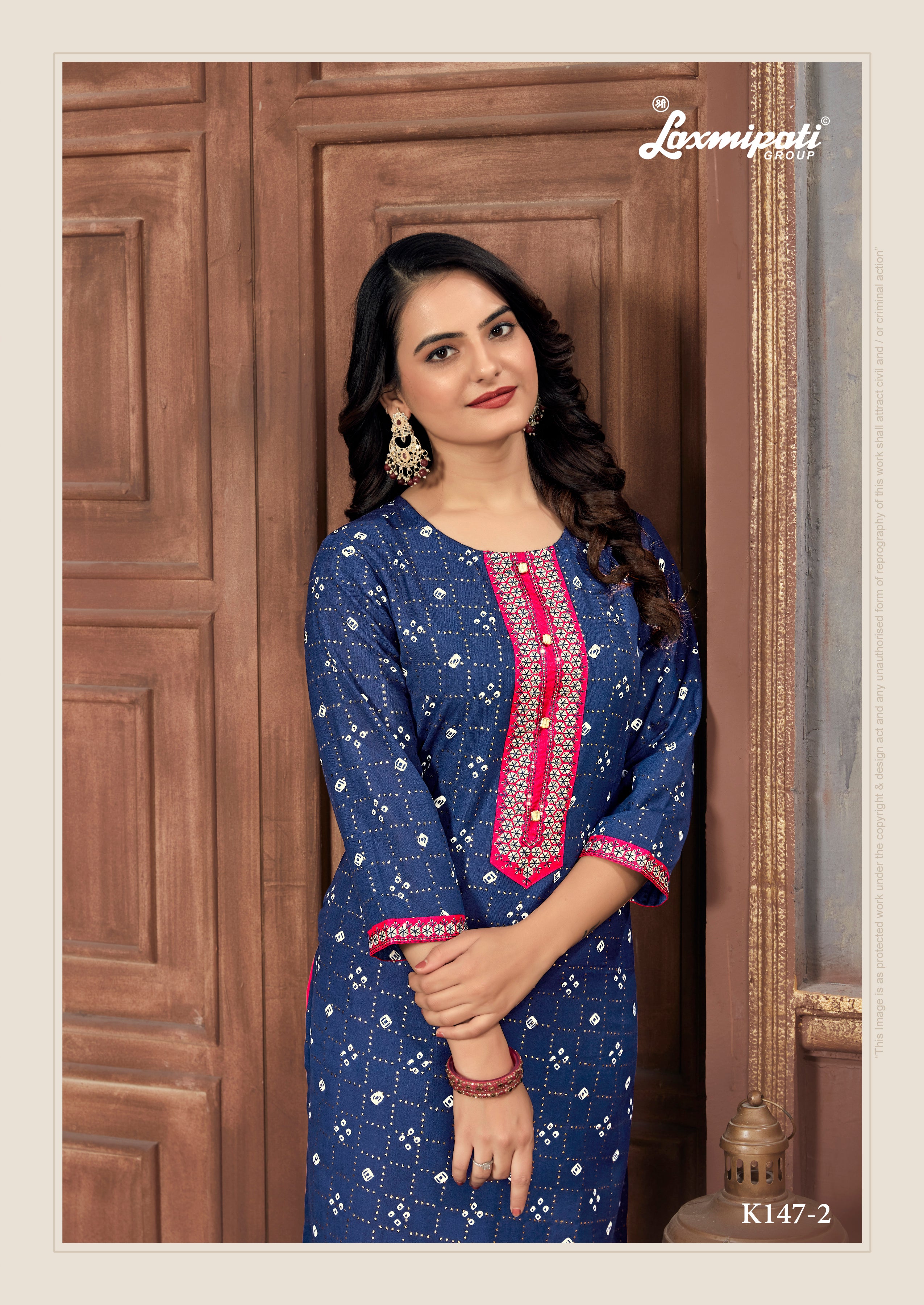 Laxmipati Spun Base Navy Blue Embroidered Straight Cut Kurti With Pant