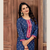 Laxmipati Spun Base Navy Blue Embroidered Straight Cut Kurti With Pant