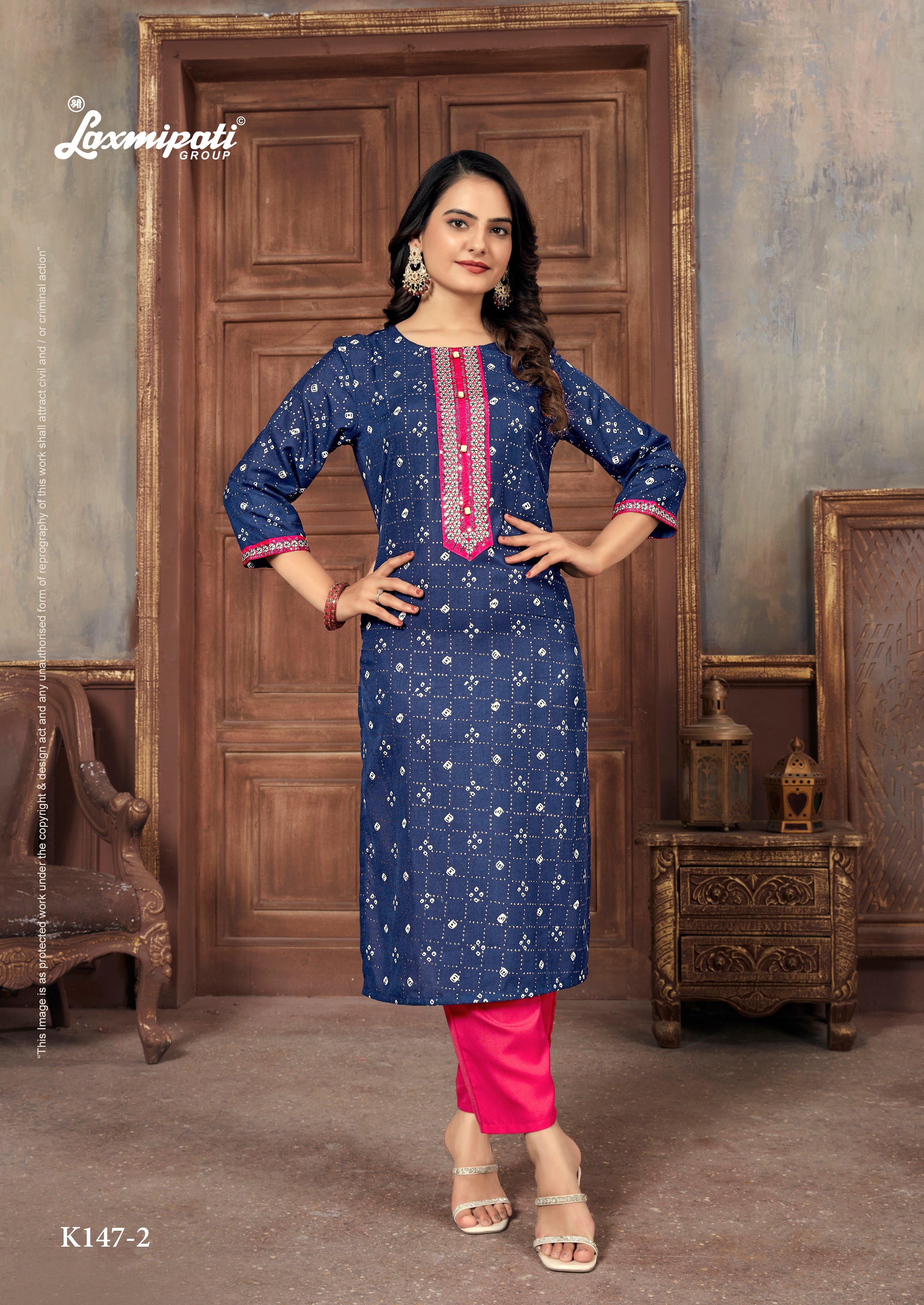 Laxmipati Spun Base Navy Blue Embroidered Straight Cut Kurti With Pant