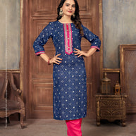 Laxmipati Spun Base Navy Blue Embroidered Straight Cut Kurti With Pant