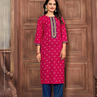 Laxmipati Spun Base Deep Pink Embroidered Straight Cut Kurti With Pant