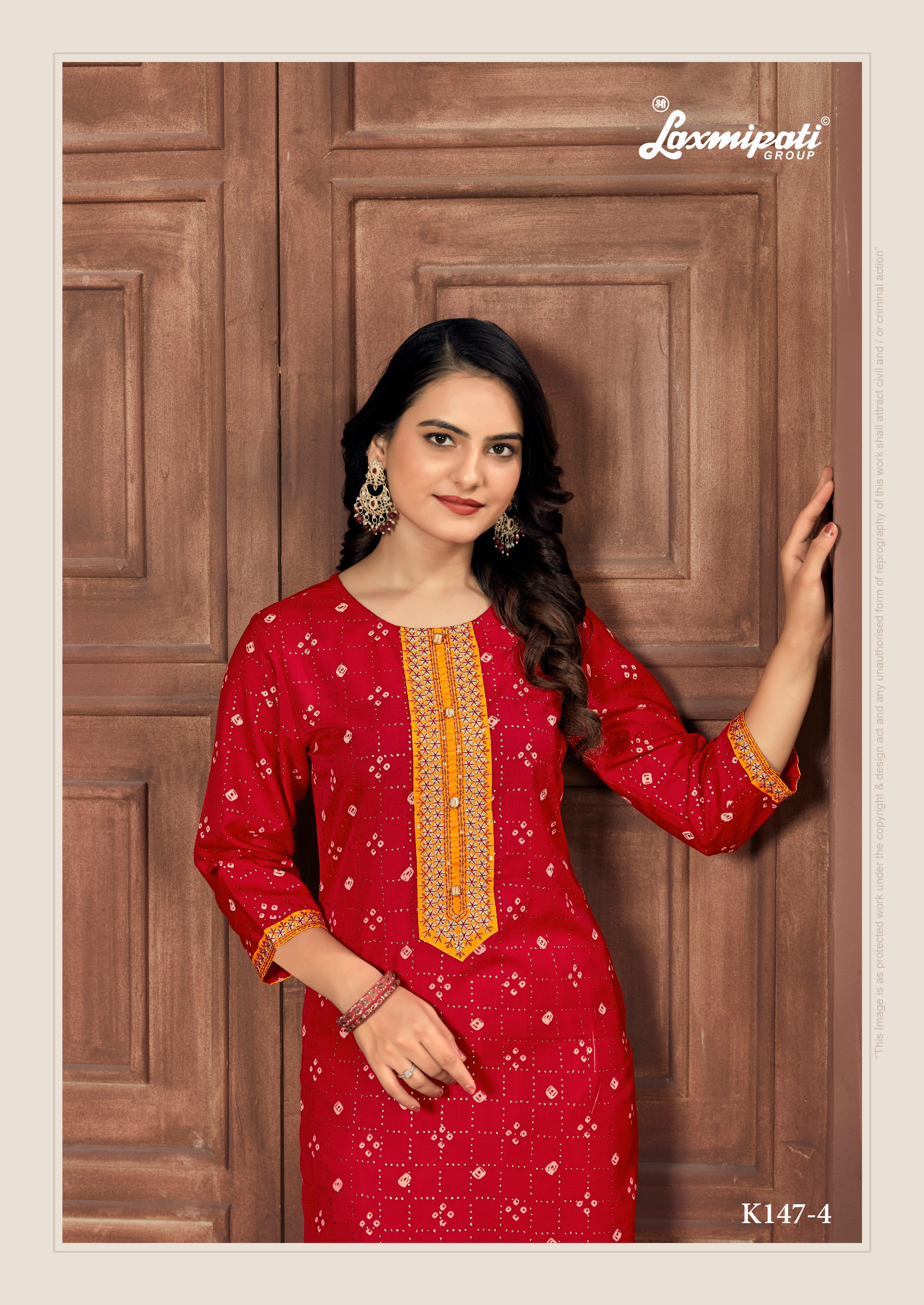 Laxmipati Spun Base Red Embroidered Straight Cut Kurti With Pant