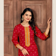 Laxmipati Spun Base Red Embroidered Straight Cut Kurti With Pant