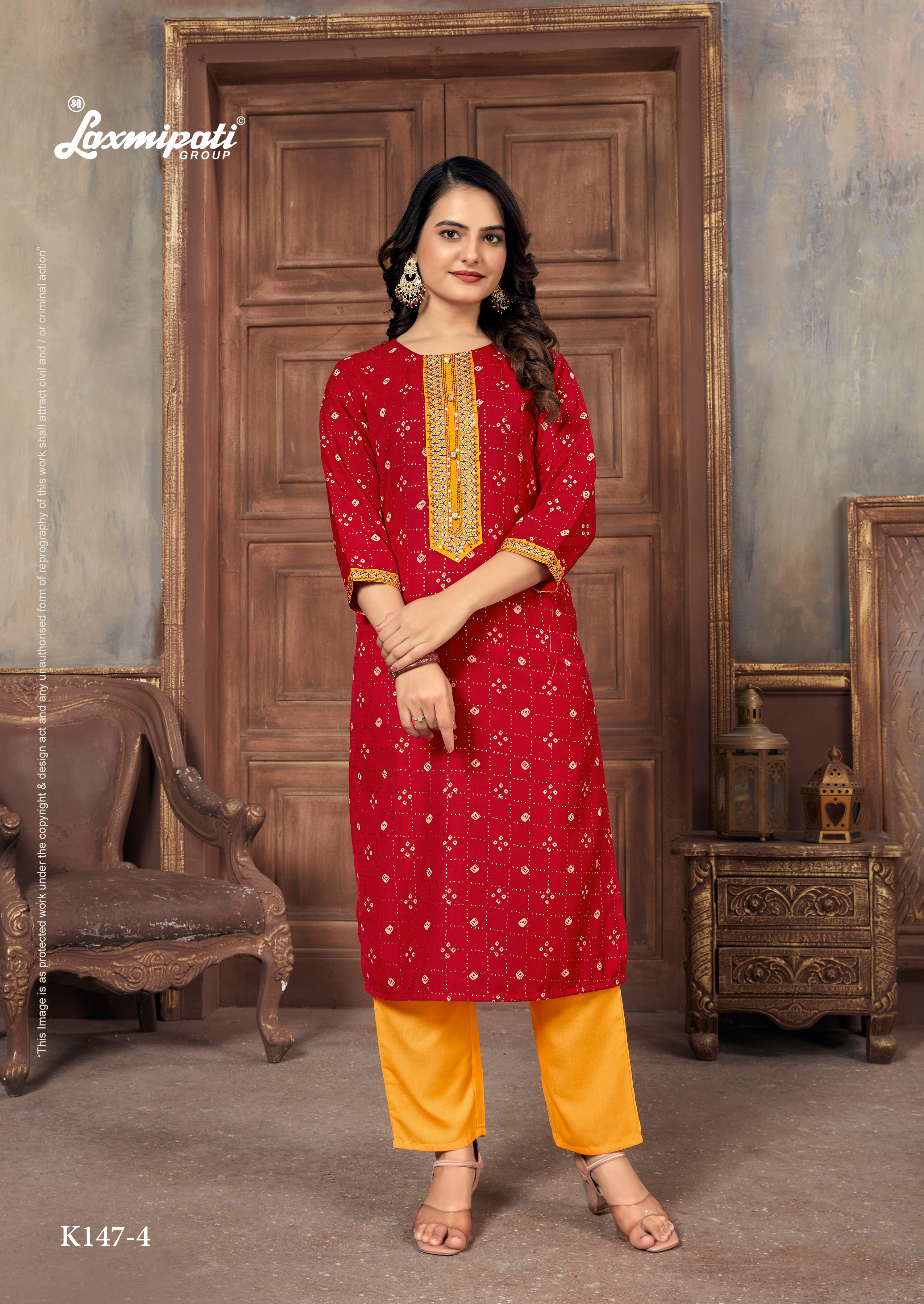 Laxmipati Spun Base Red Embroidered Straight Cut Kurti With Pant