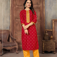 Laxmipati Spun Base Red Embroidered Straight Cut Kurti With Pant