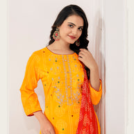 Laxmipati Muslin Yellow Printed With Embroidery Kurti, Pant & Dupatta