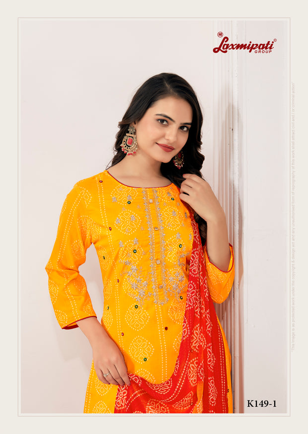 Laxmipati Muslin Yellow Printed With Embroidery Kurti, Pant & Dupatta
