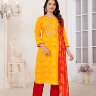 Laxmipati Muslin Yellow Printed With Embroidery Kurti, Pant & Dupatta