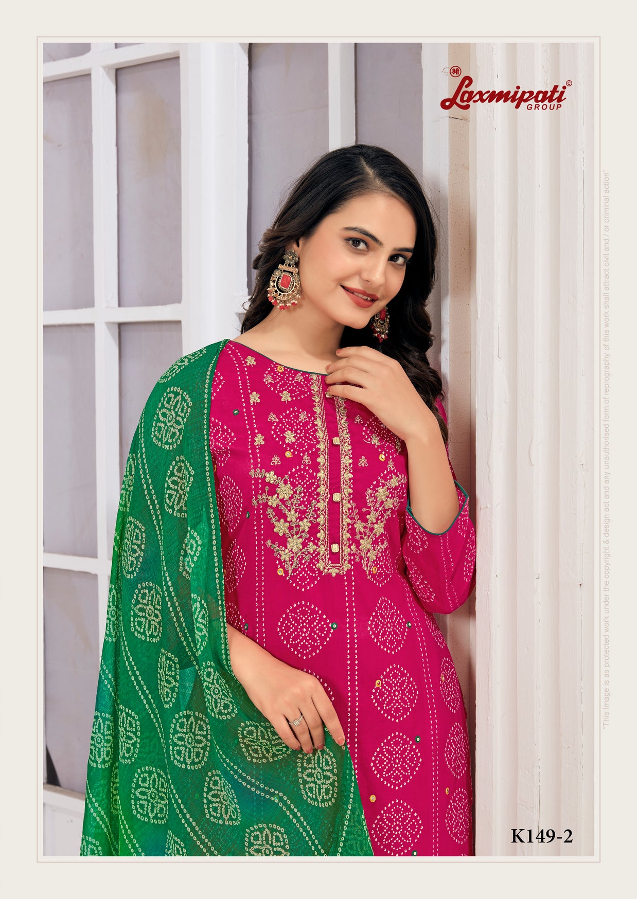 Laxmipati Muslin Deep Pink Printed With Embroidery Kurti, Pant & Dupatta