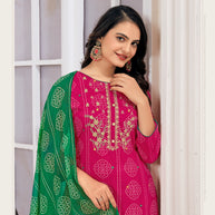 Laxmipati Muslin Deep Pink Printed With Embroidery Kurti, Pant & Dupatta