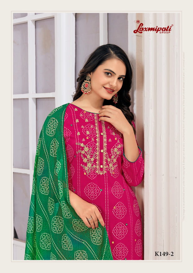 Laxmipati Muslin Deep Pink Printed With Embroidery Kurti, Pant & Dupatta