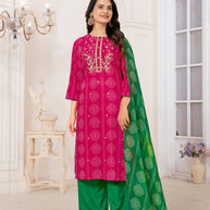 Laxmipati Muslin Deep Pink Printed With Embroidery Kurti, Pant & Dupatta