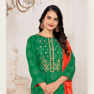 Laxmipati Muslin Green Printed With Embroidery Kurti, Pant & Dupatta
