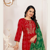 Laxmipati Muslin Red Printed With Embroidery Kurti, Pant & Dupatta