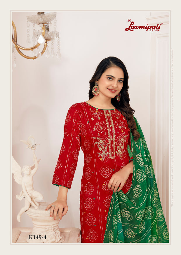 Laxmipati Muslin Red Printed With Embroidery Kurti, Pant & Dupatta
