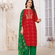 Laxmipati Muslin Red Printed With Embroidery Kurti, Pant & Dupatta