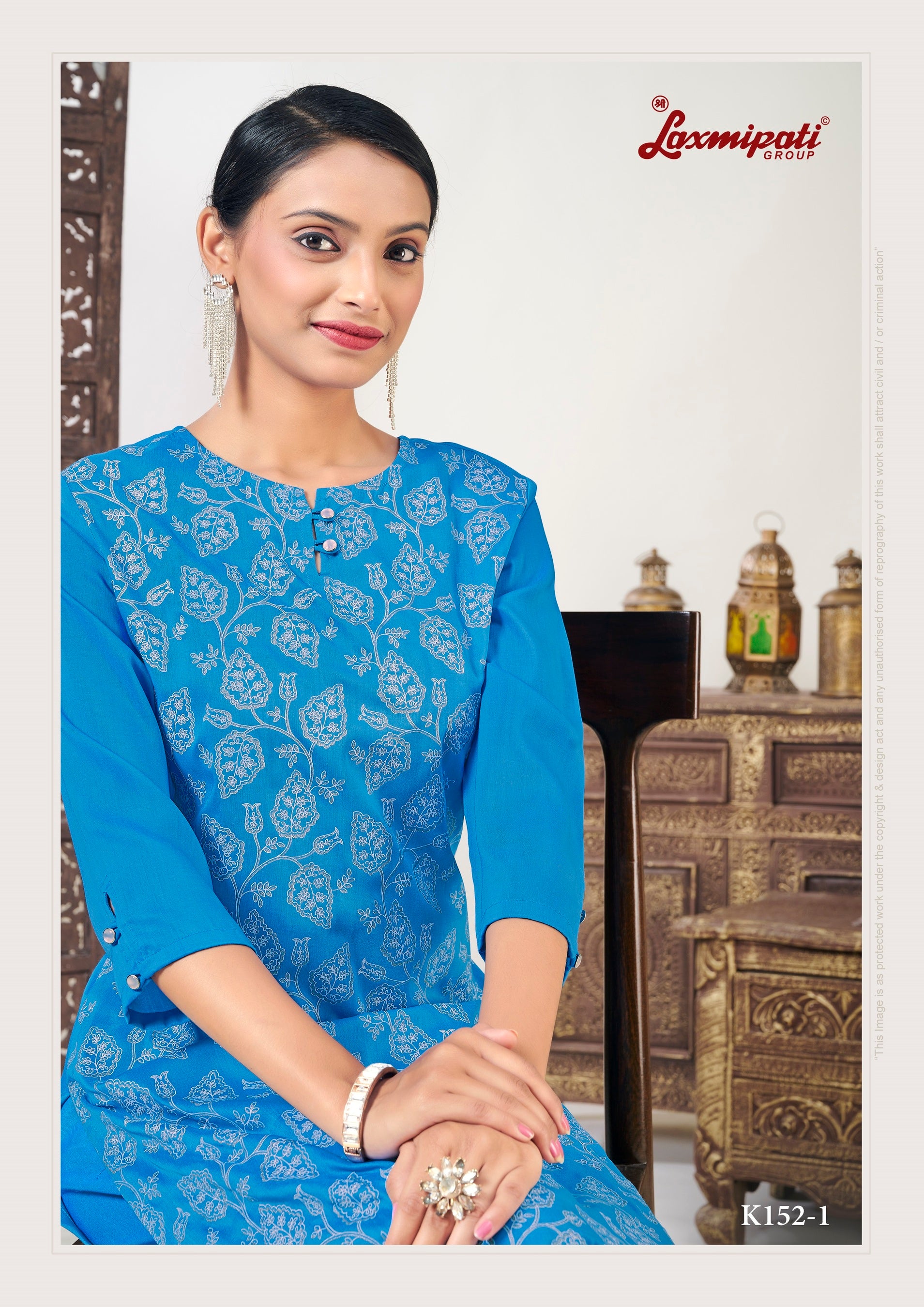 Laxmipati Muslin Azure Blue Hand Printed Straight Cut Kurti With Pant