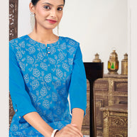 Laxmipati Muslin Azure Blue Hand Printed Straight Cut Kurti With Pant