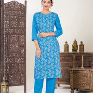 Laxmipati Muslin Azure Blue Hand Printed Straight Cut Kurti With Pant