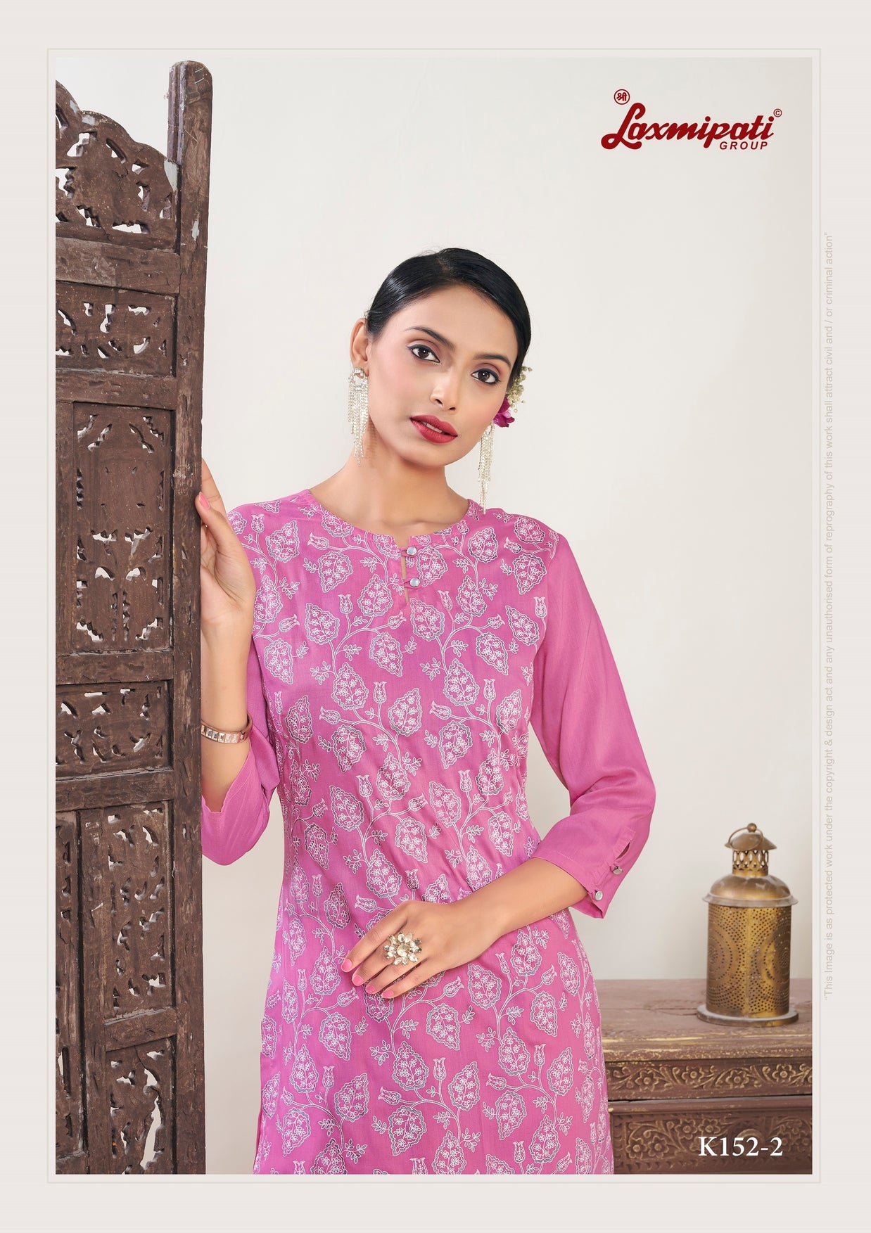 Laxmipati Muslin Neon Pink Hand Printed Straight Cut Kurti With Pant