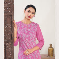 Laxmipati Muslin Neon Pink Hand Printed Straight Cut Kurti With Pant