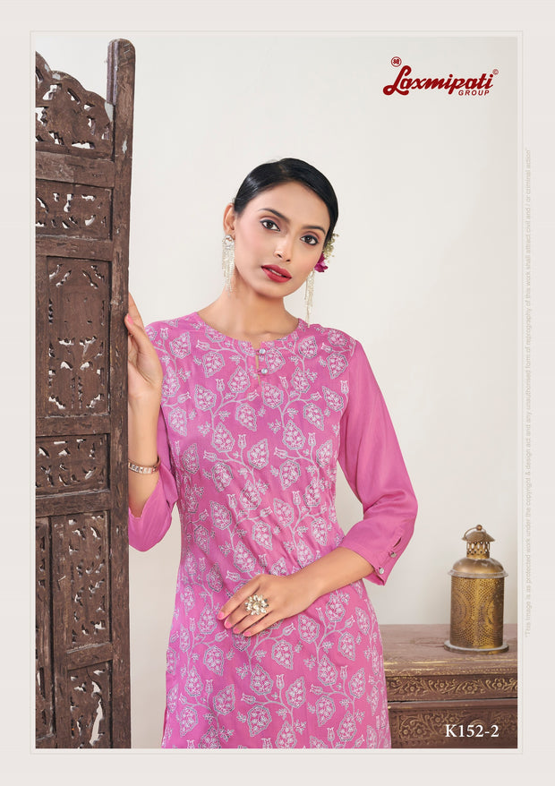 Laxmipati Muslin Neon Pink Hand Printed Straight Cut Kurti With Pant