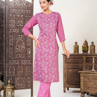 Laxmipati Muslin Neon Pink Hand Printed Straight Cut Kurti With Pant