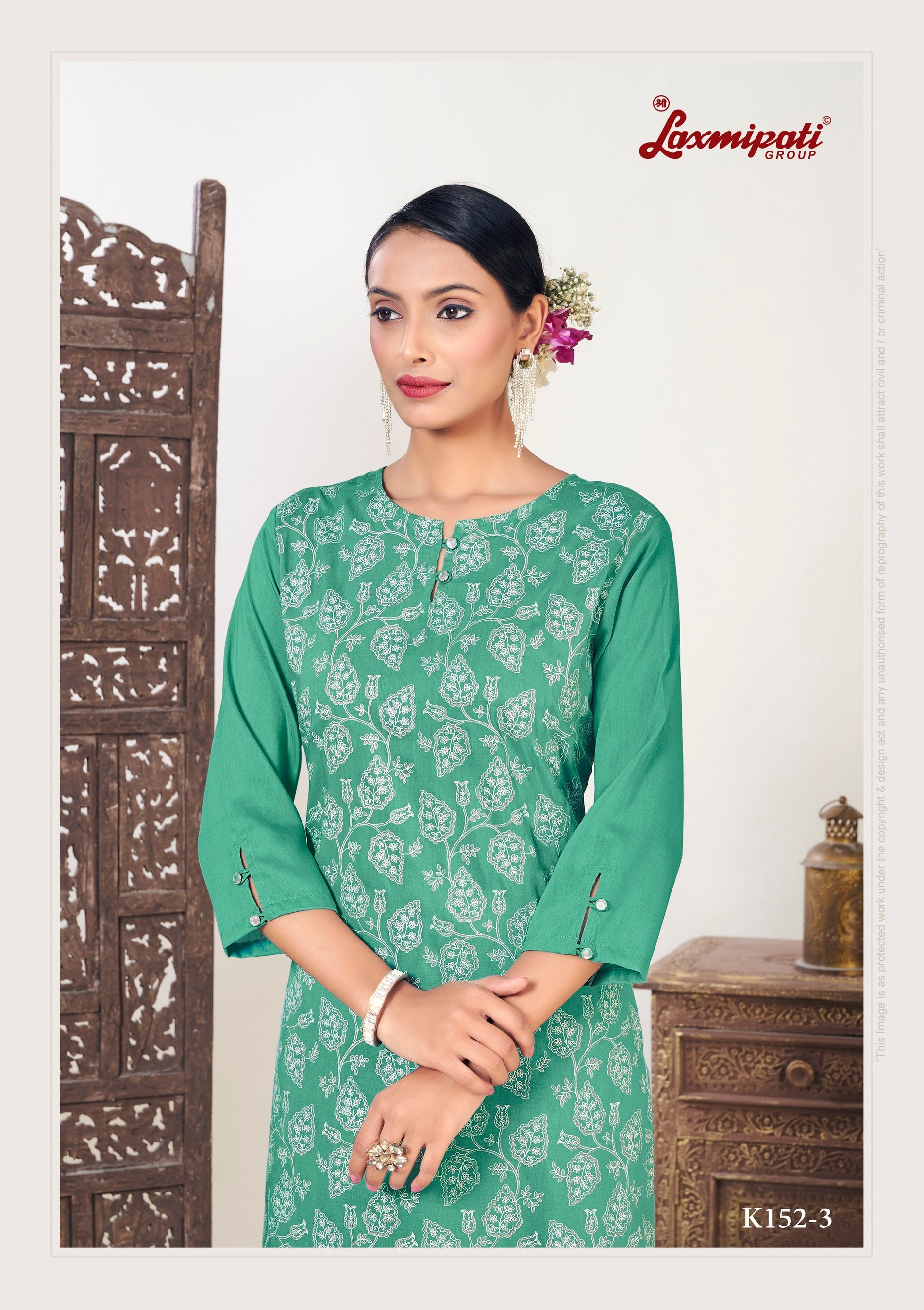 Laxmipati Muslin Sea Green Hand Printed Straight Cut Kurti With Pant