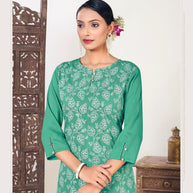 Laxmipati Muslin Sea Green Hand Printed Straight Cut Kurti With Pant