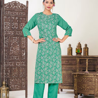 Laxmipati Muslin Sea Green Hand Printed Straight Cut Kurti With Pant