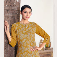 Laxmipati Muslin Marigold Hand Printed Straight Cut Kurti With Pant