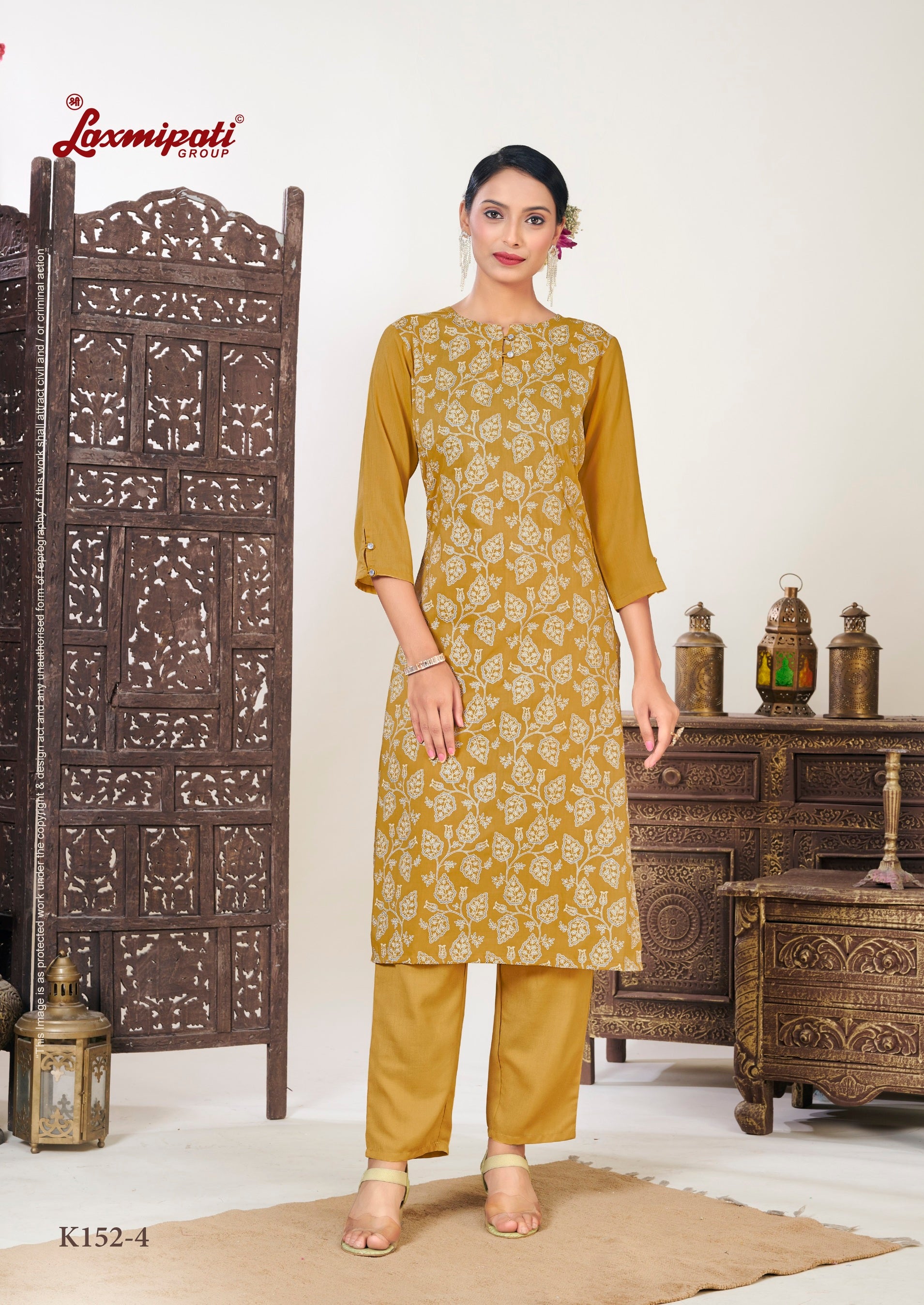 Laxmipati Muslin Marigold Hand Printed Straight Cut Kurti With Pant