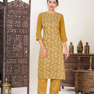 Laxmipati Muslin Marigold Hand Printed Straight Cut Kurti With Pant